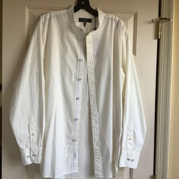 Rag & Bone Landen Poplin Band Collar Long Sleeve Button Down Shirt Ivory SZ M - Picture 2 of 16